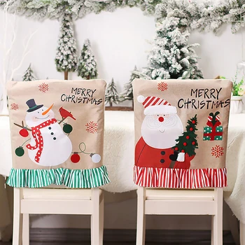 1шт Рождество 2024 г. Чехол для стула с принтом Санта-Клауса и Снеговика Съемный Моющийся Рождественское украшение Украшение для новогоднего домашнего ужина