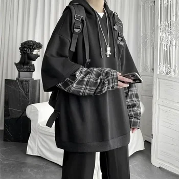 2022 новый поддельный свитер в клетку с капюшоном из двух частей, женское осеннее платье большого размера, студенческая корейская версия, пальто в стиле пэчворк оверсайз, топ
