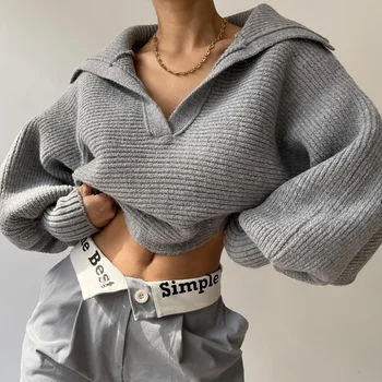 2024 Весенний Теплый женский свитер с длинным рукавом-фонариком, свитера с отложным воротником, женская зимняя модная Повседневная элегантная одежда для дам