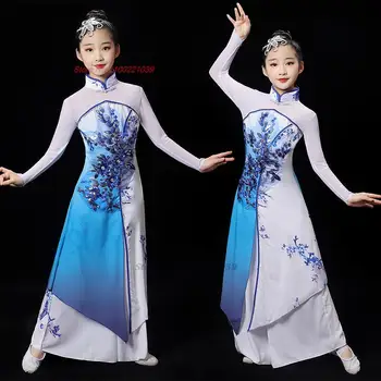 2024 традиционное китайское винтажное детское платье ципао с цветочным принтом hanfu 2024 + комплект брюк для древних народных танцев сценический костюм
