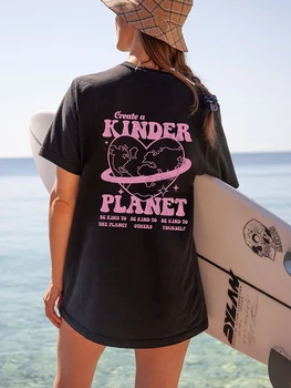 Kinder Planet - мир любви Женская хлопковая футболка, футболки с индивидуальными тенденциями, повседневные женские топы большого размера с коротким рукавом