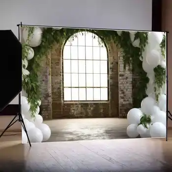 MOON.QG Фон для Фотосъемки Окно Свадебной Церемонии для Фотосессии с Драпировкой Воздушным Шаром Зеленая Трава Фон для Вечеринки по случаю Дня Рождения Реквизит