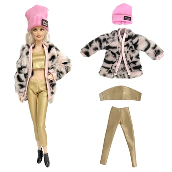NK 1 Комплект 1/6 кукольный модельный костюм для девочки: Розовая Вязаная Шапка + Пальто + ТОП + Золотистые брюки Для Куклы Барби, Одежда, Аксессуары для Игрушек