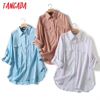 Tangada 2023 Новая Женская Высококачественная хлопчатобумажная льняная блузка с длинным рукавом, женский свободный топ 4C108