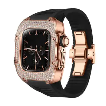 Блестящий титановый чехол с бриллиантами + ремешок из фторопластовой резины, комплект модов для Apple Watch Series 8 7 6 5 4 SE