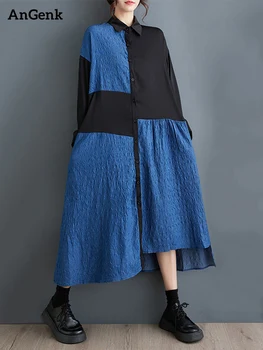 Винтажные платья контрастного цвета в стиле пэчворк с длинным рукавом Для женщин, Новое Весенне-осеннее Свободное повседневное платье, Модная элегантная одежда 2023 года