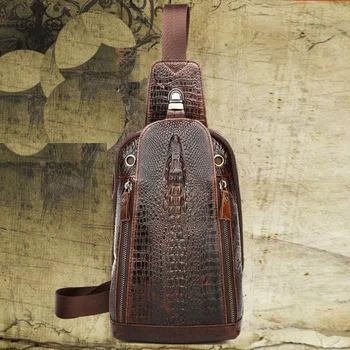 Высококачественная мужская сумка-мессенджер из натуральной кожи, сумка через плечо, масло, воск, воловья кожа, дорожная сумка-слинг с рисунком крокодила, нагрудный рюкзак
