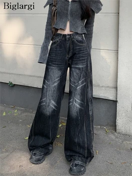 Джинсы, длинные весенне-осенние брюки с высокой талией, женские модные брюки с принтом, свободные плиссированные Женские широкие брюки в корейском стиле