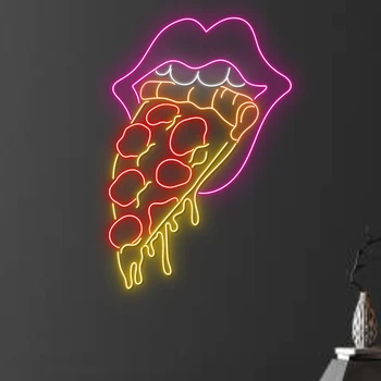 Едящая Пиццу Неоновая Вывеска Изготовленная На Заказ Итальянская Пицца Рот Светодиодные Световые Вывески для Украшения Стен Кухни Ресторана Эстетические Ночные Светильники