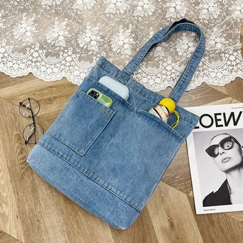 Женская винтажная сумка-тоут из джинсовой ткани с верхней ручкой, женская повседневная сумка из джинсовой ткани в стиле ретро с несколькими карманами, модная стильная повседневная сумка