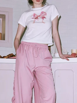 Женская рубашка Y2k с бантом и графическим рисунком, укороченная детская футболка, Облегающие топы с круглым вырезом и коротким рукавом, Сказочная Милая эстетичная одежда