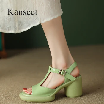 Женские босоножки Kanseet, элегантное вечернее платье, женская обувь из натуральной кожи ручной работы, босоножки на толстом высоком каблуке и платформе, Зеленые абрикосовые