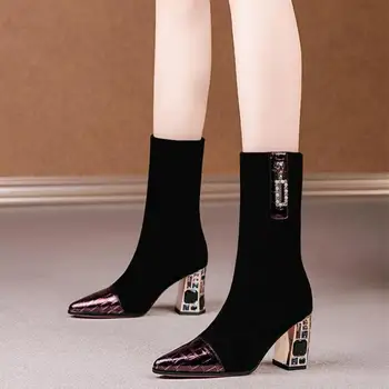 Женские ботинки, тканевые осенние носки на высоком каблуке, сапоги, женские модные туфли на молнии на высоком каблуке с острым носком