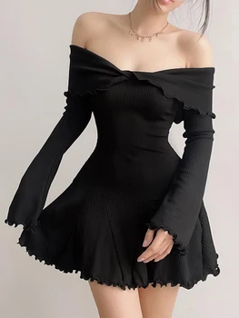 Женское облегающее мини-платье Y2k с открытыми плечами и длинным рукавом, Сексуальные короткие платья в стиле пэчворк, элегантная одежда для ночного клуба