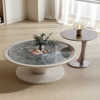 Журнальный столик с каменной плитой в светло-кремовом стиле, круглый журнальный столик в современном минималистичном стиле для гостиной