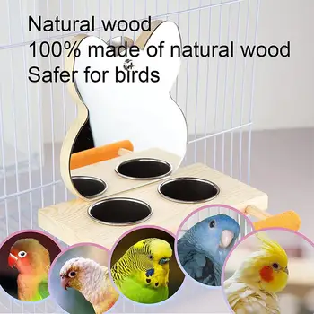 Зеркало для попугаев с чашками-кормушками, Миска, деревянные птицы, Интерактивная игрушка-головоломка для саморазвития