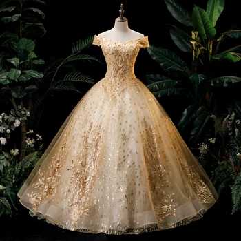 Золотое платье для выпускного вечера с открытыми плечами, бальное платье, пышное платье, Винтажное кружево, большие размеры, Vestidos