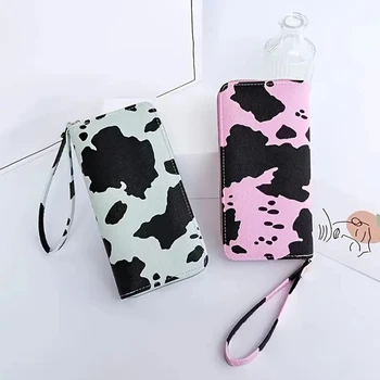 Кожаный кошелек с милым рисунком коровы, женский кошелек на молнии, сумка для карт, длинный браслет, клатч, сумка-кошелек большой емкости