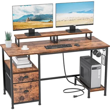 Компьютерный стол с выдвижным ящиком и розетками питания, 47-дюймовый офисный стол с 2 подставками для мониторов и картотекой из ткани