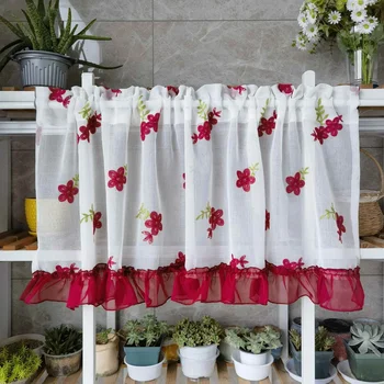 Красная Короткая Тюлевая занавеска с цветочной вышивкой для Кухни Спальни Гостиной Двери Окна Шторы Домашнего декора Половинки штор Cortinas