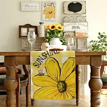 Летние цветочные желто-буффало клетчатые льняные скатерти, декор для фермерского стола, бегунки для обеденного стола для праздничных вечеринок