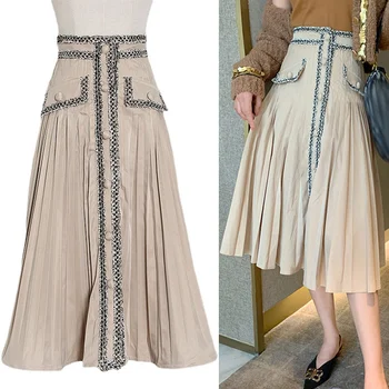 Лоскутное тонкий для женщин высокая талия кнопка карман плиссированные юбки женские 2023 летняя мода одежда прилив