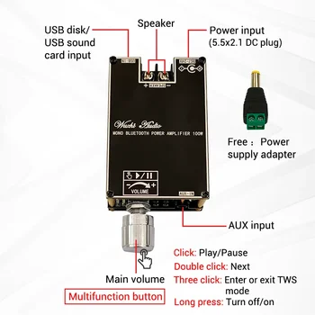 Монофонический усилитель мощности звука TPA3116D2 мощностью 100 Вт, совместимый с Bluetooth, плата цифрового усилителя мощности 5.1 AUX для домашнего кинотеатра