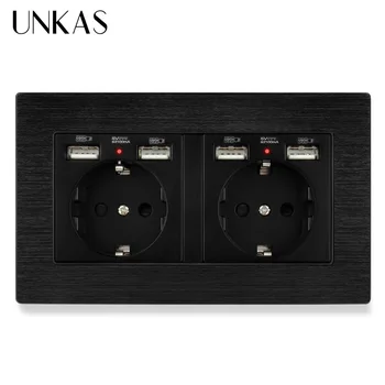 Настенная розетка стандарта ЕС с черной алюминиевой панелью UNKAS с 4 USB-портами для зарядки мобильных устройств, скрытым мягким светодиодным индикатором