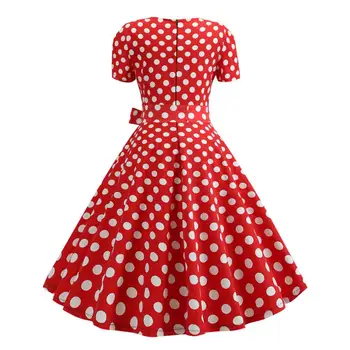 Невидимые молнии платье ретро 1950-х годов трапеция миди платье с квадратным вырезом большой подол кнопка декор Dot печати середины талии поясом бантом