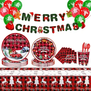 Новая рождественская тематическая вечеринка Одноразовая посуда Чашки Тарелки Соломинки скатерти Рождественские воздушные шары баннер украшение для детского душа