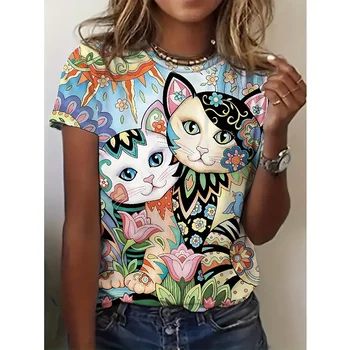 Новые женские футболки с 3D принтами кошек, летние топы с круглым вырезом и коротким рукавом, одежда в стиле Каваи харадзюку, повседневные женские футболки оверсайз 6XL
