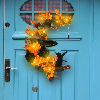 Оконный венок на Хэллоуин, очаровательный венок на Хэллоуин с Луной и черным котом, цветочная гирлянда со светодиодной подсветкой для внутреннего / наружного окна, входной двери