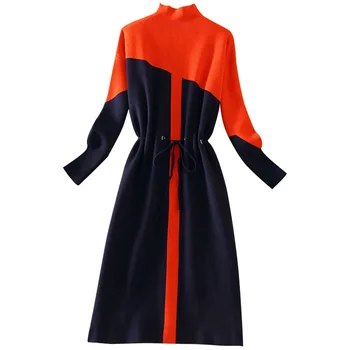 Осенне-зимнее платье, женская новая мода, вязаное платье-свитер с высоким воротом в тон, женское платье средней длины большого размера большого размера