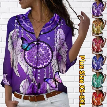 Повседневная женская блузка с лацканами с 3D принтом Ловца снов, Кардиган с длинным рукавом, Весна-осень, Новая женская рубашка с ретро-пейзажем XS-8XL