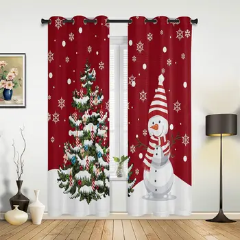 Рождественские занавески для гостиной со снеговиком и Рождественской елкой, красные занавески со снежинками для спальни, декоративные шторы