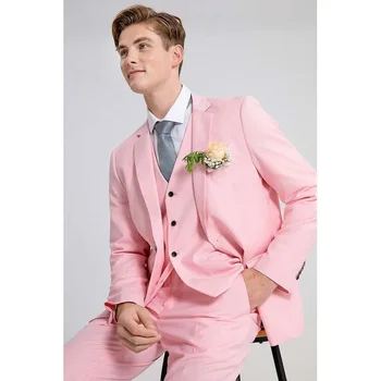 Розовый Мужской костюм-тройка, Элегантный Формальный Свадебный смокинг Жениха, Модный приталенный мужской костюм в Английском стиле (блейзер + Жилет + брюки)