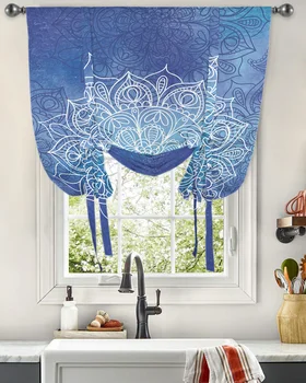 Синяя акварельная занавеска с мандалой для гостиной, домашнего декора, жалюзи, шторы для кухни, короткие занавески на завязках