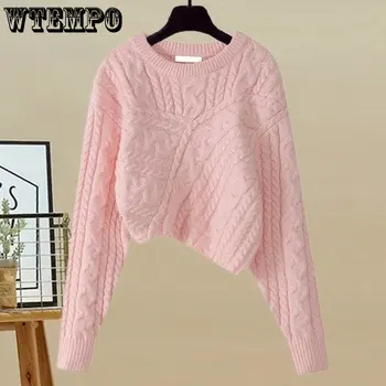 Сладкий Розовый вязаный женский свитер из жареного теста, утолщенный пуловер, джемпер, Элегантный дизайн, Нерегулярный дизайн, топ с длинным рукавом