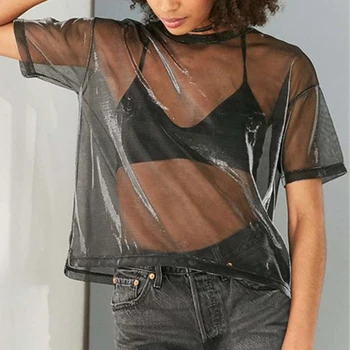 Удобный модный женский топ с круглым вырезом, обычный прозрачный топ, короткий рукав, легкая полоска, однотонная летняя футболка