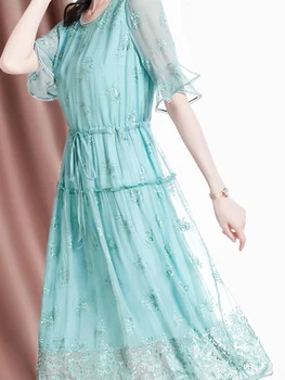 Уличное Газовое кружевное платье Миди с цветочной вышивкой, Летнее повседневное Винтажное Свободное пляжное платье 2023, Женское Элегантное праздничное платье