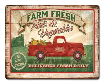 Фермерские Свежие фрукты и овощи, ретро Винтажный декор, Металлическая жестяная вывеска 12 x 8 дюймов