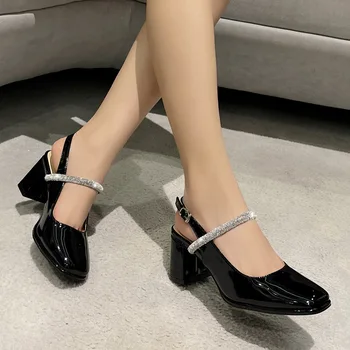 Французская женская обувь Baotou Mary Jane с открытой спиной, новые британские модные тонкие туфли со стразами на толстом каблуке, ретро на больших каблуках 35-46