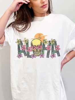 Хлопковая футболка Aloha С Черепом И Цветочным Принтом Для Женщин, Индивидуальность, Уличная Одежда в стиле Хип-Хоп, Винтажная Универсальная Женская одежда Оверсайз