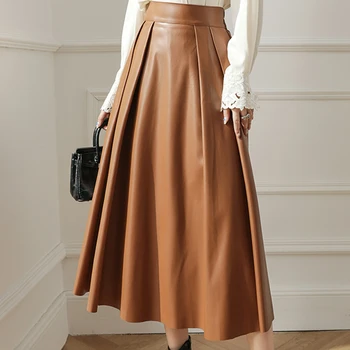 Юбка COCHONNET из искусственной кожи в стиле ретро, широкая юбка-качели, средняя длина, высокая талия, тонкая юбка-трапеция