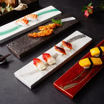 Японская кухня, суши, Прямоугольная тарелка для запекания птиц с каменным рисунком, Креативная Длинная Плоская ретро-керамическая тарелка для барбекю, посуда