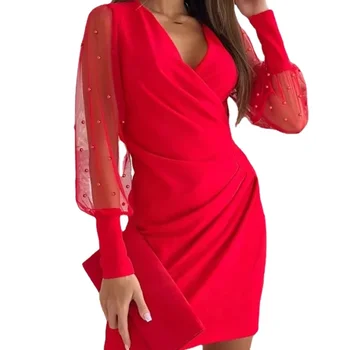 красное платье для женской моды, кружевные платья с длинными рукавами и V-образным вырезом, Элегантные тонкие вечерние женские платья Весна-осень 2024